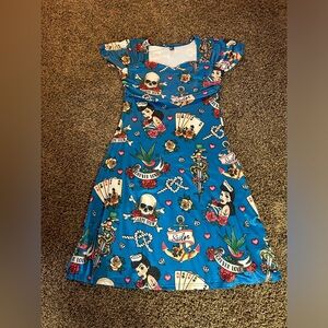 Blue Tattoo-inspo nautical /pin-up dress. Stretch Material, Sweetheart Neckline.